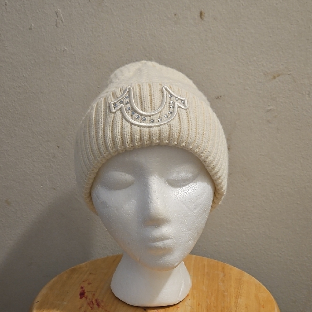 True Religion Ivory Knit Beanie with Logo Detail